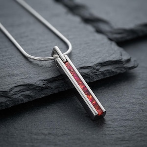 Tungsten Pendant Red Fire Opal, Sterling Silver Chain