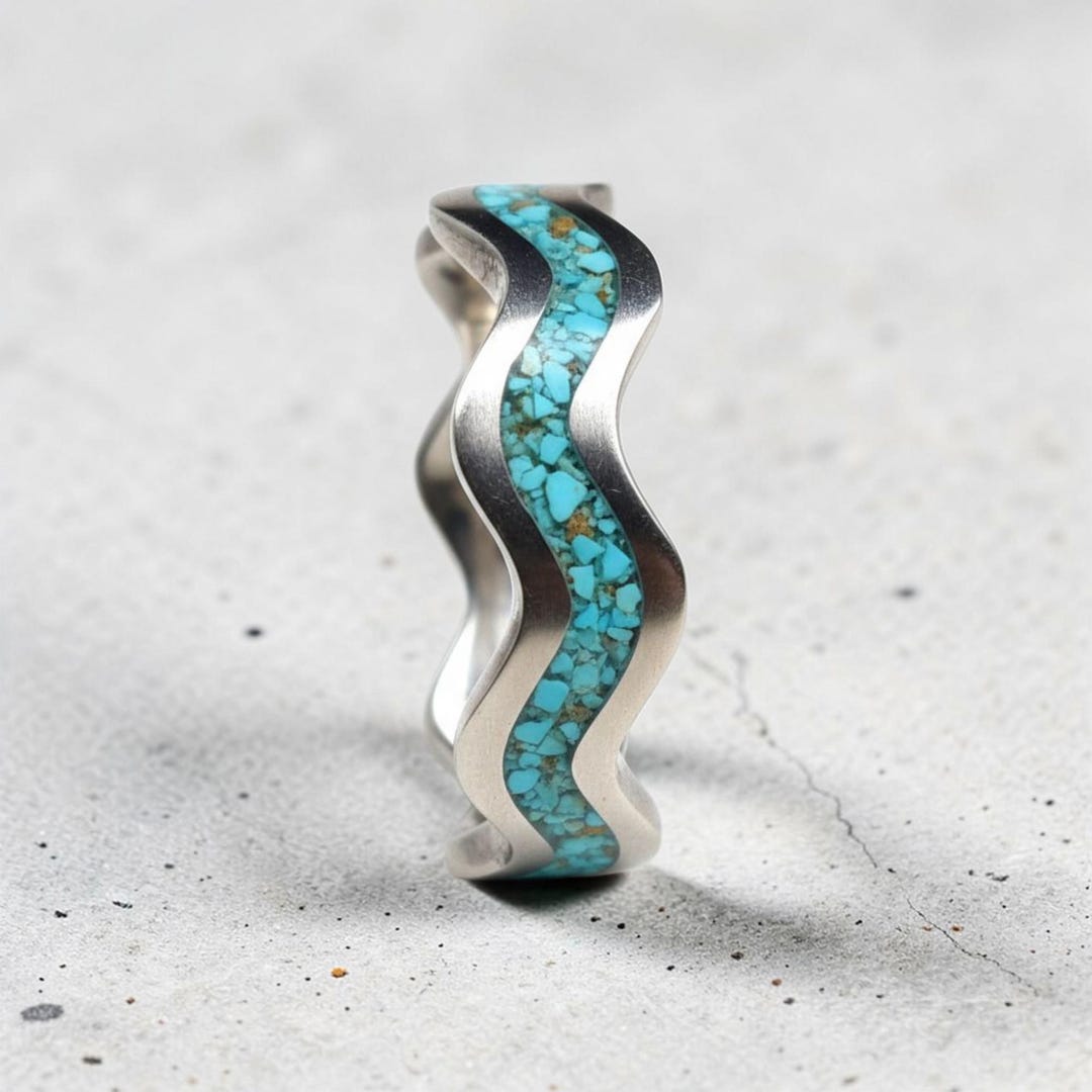 Turquoise Inlay Rings Titanium Turquoise Inlay Ring Silver Wave Band - Etsy