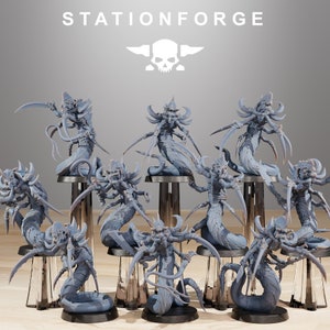 May include: A set of ten gray, detailed, plastic miniatures of serpentine creatures with multiple limbs and sharp claws. The creatures are posed in various dynamic stances, each with a unique design. The miniatures are arranged on circular bases, ready for tabletop gaming or display.