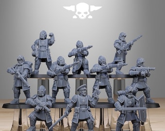 May include: A set of ten grey unpainted miniature soldier figurines from StationForge, each wearing tactical armor, helmets, and carrying various rifles, pistols, and swords, arranged on a tiered display stand against a plain background.