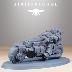 May include: A gray miniature model of a futuristic motorcycle with a rider holding a weapon. The model is on a gray base, with the text "STATIONFORGE" above. The motorcycle has large wheels and detailed mechanical components.