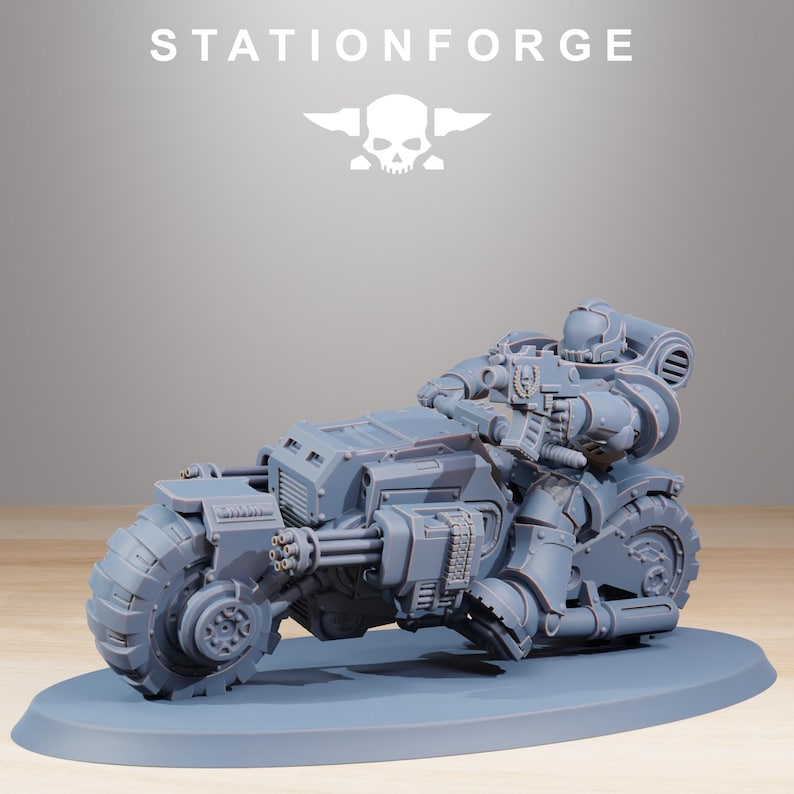 May include: A gray miniature model of a futuristic motorcycle with a rider holding a weapon. The model is on a gray base, with the text "STATIONFORGE" above. The motorcycle has large wheels and detailed mechanical components.