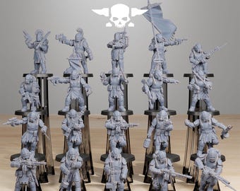 May include: A collection of twenty gray miniature soldier figurines arranged in four rows, each standing on a black circular base. The figures wear tactical armor and helmets, holding various rifles and a flag. The text STATIONFORGE is visible.