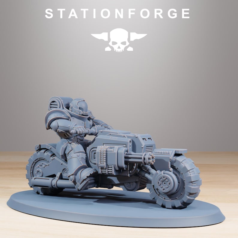 May include: A gray miniature of a futuristic motorcycle with a rider in armor. The motorcycle has large, detailed wheels and a weapon mounted on the front. The text "STATIONFORGE" is at the top.