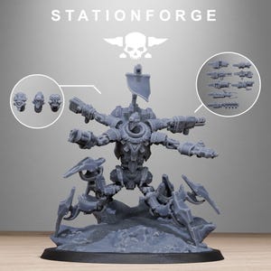 May include: A gray, detailed miniature robot model with multiple arms and weapons, and a flag on its back. The model is on a black base. The image includes the text "STATIONFORGE" and a skull logo.