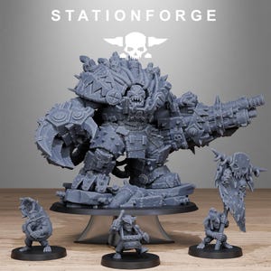 May include: A gray resin miniature set featuring a large armored orc warrior with a massive claw and multi-barreled cannon, accompanied by three smaller figures including a drummer and a banner bearer, all marked with the text STATIONFORGE.