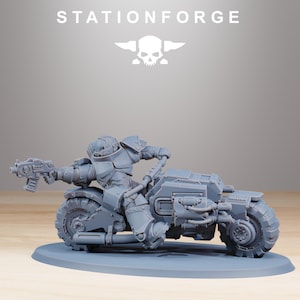 May include: A gray miniature of a futuristic motorcycle with a rider in armor, holding a gun. The motorcycle has large tires and detailed mechanical components. The text "STATIONFORGE" and a skull logo are at the top.