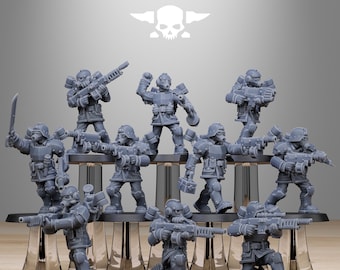 May include: A collection of gray miniature figurines of soldiers in combat gear, holding rifles and other weapons. The figurines are arranged on a clear display stand. The text "STATIONFORGE" and a skull logo are at the top.