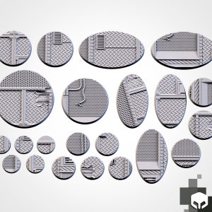 May include: A set of 17 round and oval metal bases for miniature figures. The bases feature a variety of industrial and futuristic designs, including metal grates, pipes, and wires.