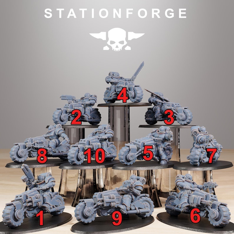 May include: A collection of ten gray miniature motorcycles, each with a unique design, displayed on tiered black platforms. The motorcycles are numbered 1 through 10 in red. The text "STATIONFORGE" and a skull logo are at the top.