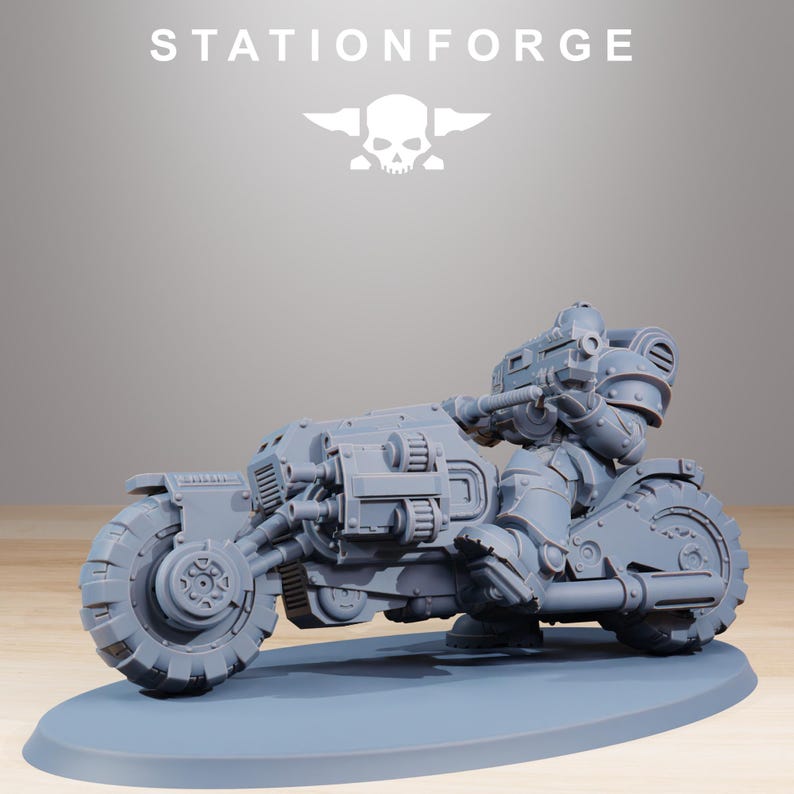 May include: A gray miniature motorcycle with a detailed design, featuring large tires and a mounted weapon. The model includes a rider in armor. The text "STATIONFORGE" and a skull logo are visible above the motorcycle.
