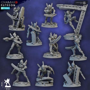 May include: A collection of gray miniature figurines of futuristic soldiers in various action poses. Each figure is equipped with a weapon and stands on a small base. The figures are approximately 1.4 inches tall and 1.1 inches wide. The image includes the text "GHAMAK" and "TRIBES".