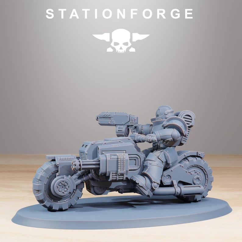May include: A gray miniature motorcycle with a rider, featuring a large front wheel and a mounted weapon. The model is on a circular base. The text "STATIONFORGE" and a skull logo are visible above the motorcycle.