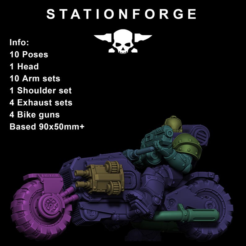 May include: A digitally rendered image of a futuristic motorcycle with a rider. The motorcycle is primarily purple with green, gold, and gray accents. The rider is wearing armor and holding a weapon. The text "STATIONFORGE" is at the top.