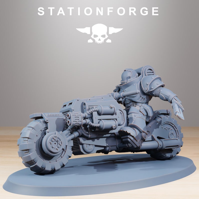 May include: A gray, futuristic motorcycle with a detailed rider figure. The vehicle has large, rugged tires and a complex mechanical design. The text "STATIONFORGE" and a skull logo are visible at the top.