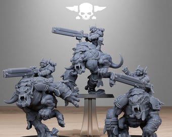 May include: Gray miniature figurines of armored figures riding monstrous creatures. The figures are holding large weapons. The word "STATIONFORGE" is printed at the top of the image, along with a skull and crossbones logo.