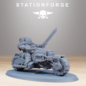 May include: A gray miniature of a futuristic motorcycle with a rider in armor, holding a large saw-like weapon. The motorcycle has large wheels and detailed mechanical components. The text "STATIONFORGE" is at the top.
