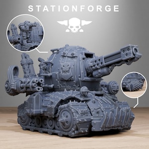 May include: A gray miniature tank with a large cannon and multiple smaller guns. The tank has a detailed design with rivets, spikes, and a skull emblem. The text "STATIONFORGE" is visible at the top.