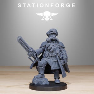 May include: A gray plastic miniature figure of a soldier wearing a gas mask and holding a chainsaw. The figure is standing on a gray base.