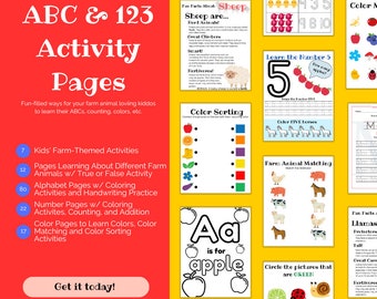 Páginas de actividades con animales de granja / ABC, números, colores (descarga digital en PDF)