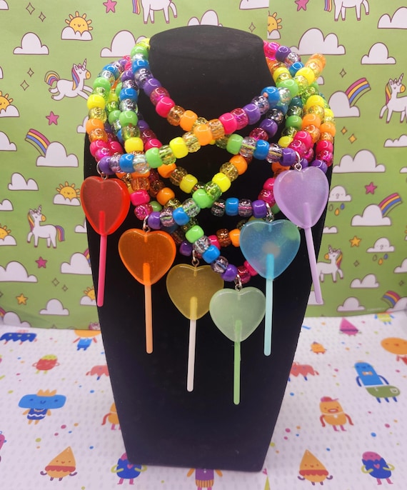 Neon Sparkly Rainbow Kandi Necklaces with Lollipop Charms