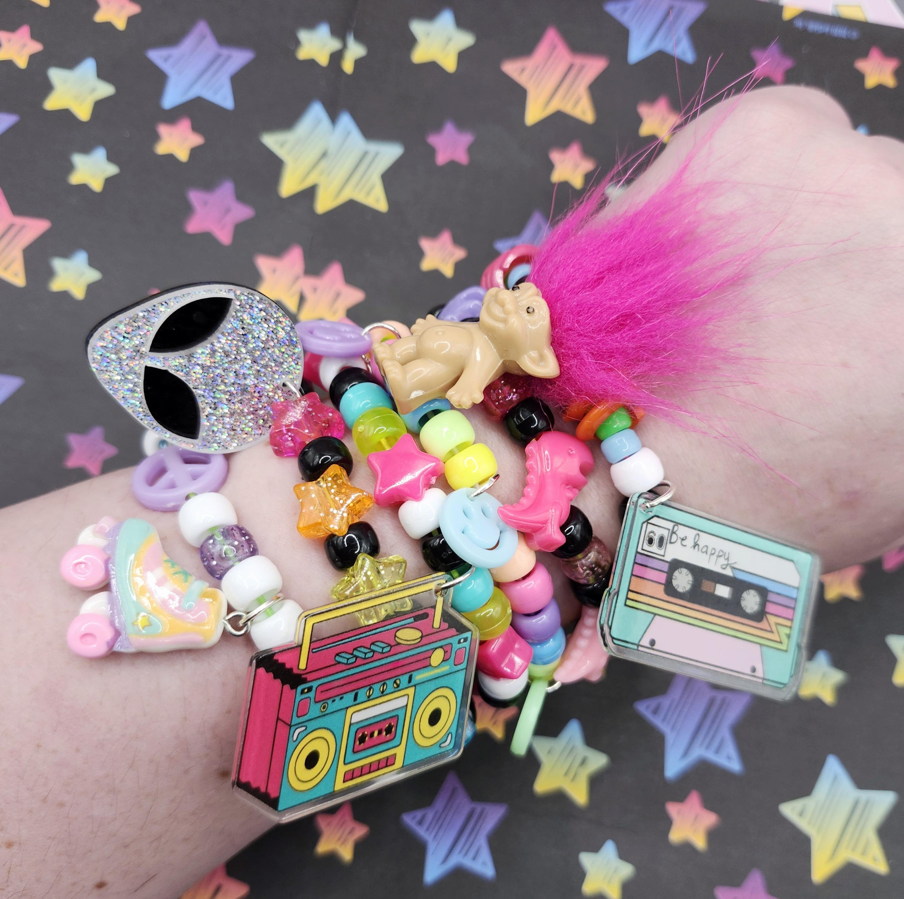 Retro-Themed Colorful Kandi Charm Bracelets