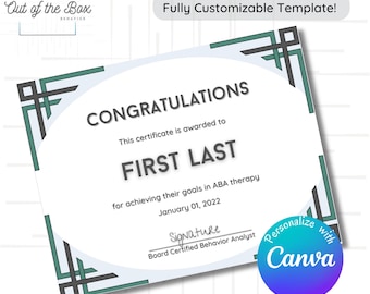 Therapy Graduation Certificate Template (Cool & Collected Theme); for Graduates from ABA, OT, SLP, Special Education from Therapist