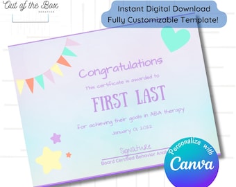 Whimsical Pastels Therapy Certificate or diploma; Award from therapist (ot, slp, aba, pt, or teacher); Instant Download & Fully Customizable