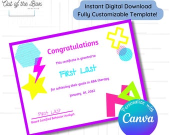 Therapy Graduation Certificate Template (Neon Fun Theme); for Graduates from ABA, OT, SLP, Special Education from Therapist