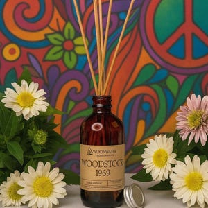 REED DIFFUSER {Woodstock 1969} – Hemp Patchouli Nag Champa Grass Musk | Hippie Vibes Home Fragrance | 60s 70s Boho Decor Inspired | Gift