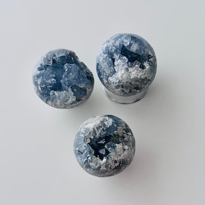Polished Celestite Sphere – Light Blue Crystal Ball with Raw Side | Soothing Stress Relief Stone | Collector Gem for Peace & Clarity