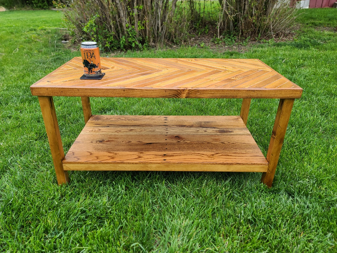 Reclaimed Wood Herringbone Coffee Table With Storage Shelf Etsy