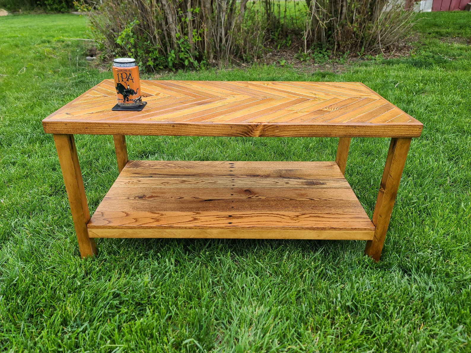 Reclaimed Wood Herringbone Coffee Table With Storage Shelf Etsy