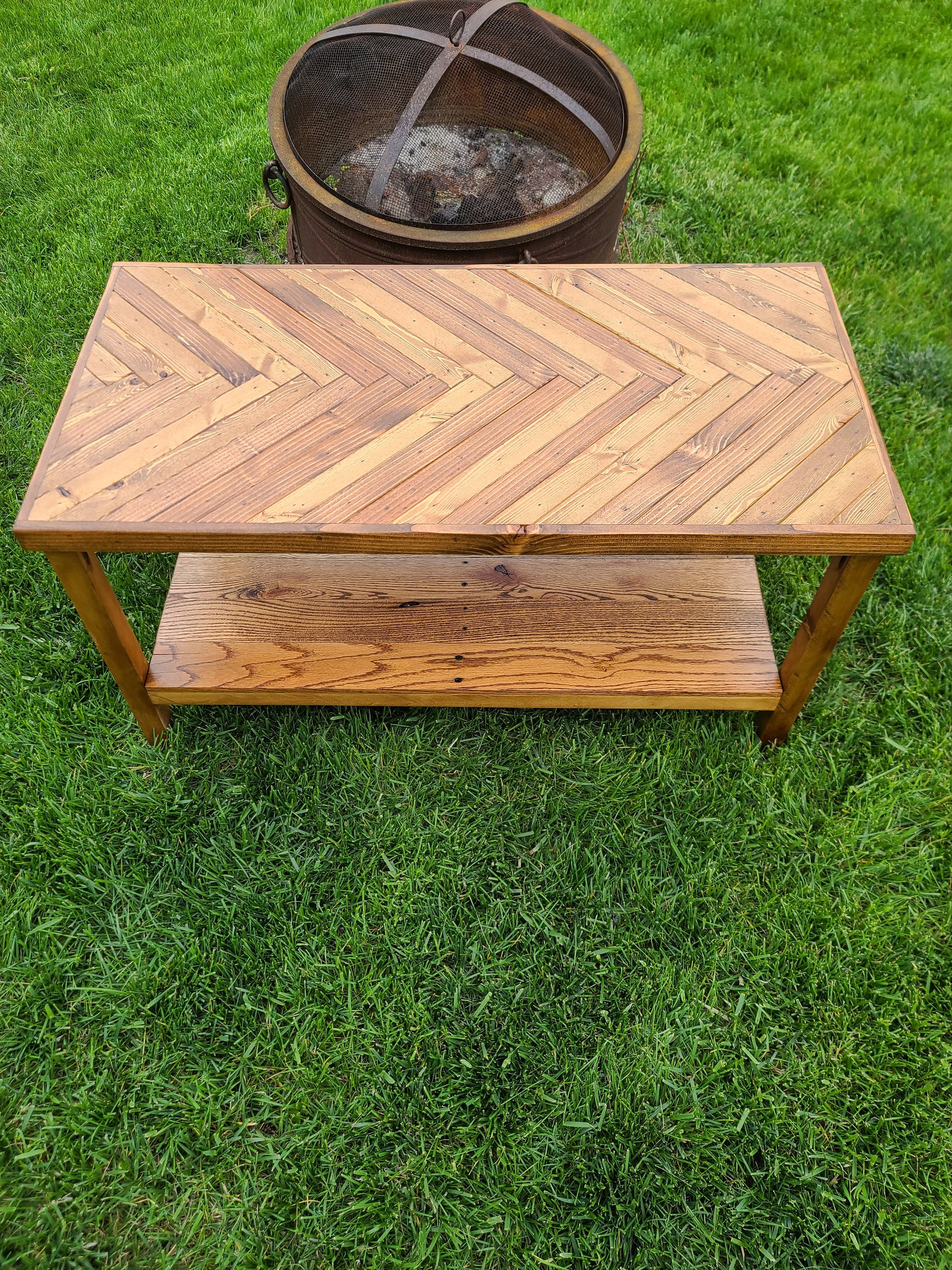 Reclaimed Wood Herringbone Coffee Table With Storage Shelf Etsy