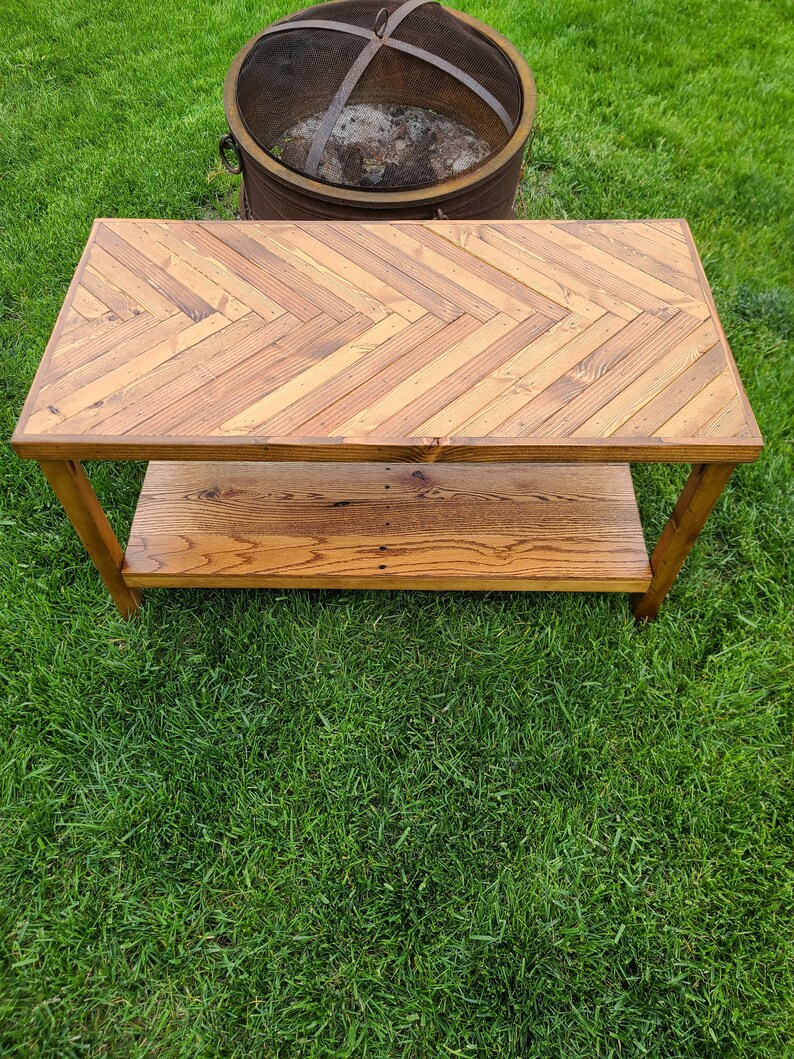 Reclaimed Wood Herringbone Coffee Table With Storage Shelf Etsy