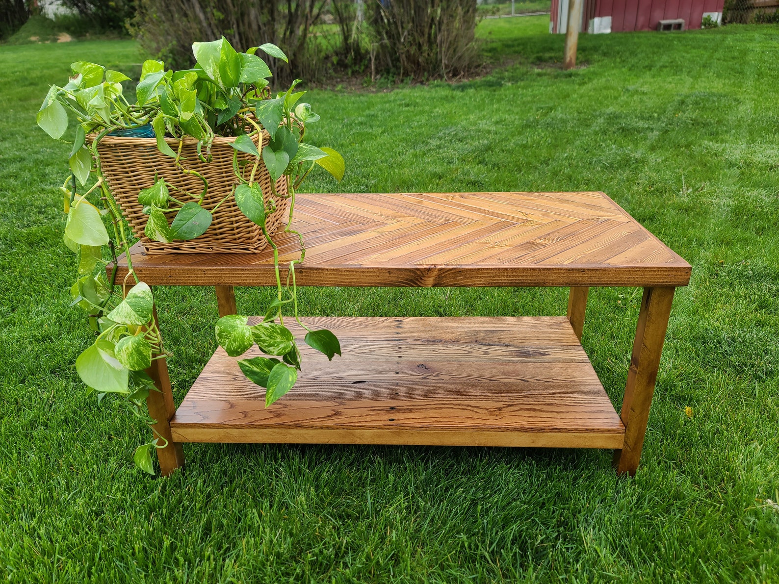 Reclaimed Wood Herringbone Coffee Table With Storage Shelf Etsy