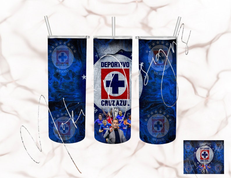 May include: Three stainless steel tumblers with a blue and white marble design. The tumblers feature a logo with the text "DEPORTIVO CRUZ AZUL MEXICO".