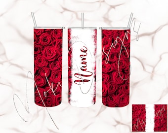 May include: Three stainless steel tumblers featuring a red rose design. The middle tumbler has the word "Mom" written in white on a white background with a distressed texture.