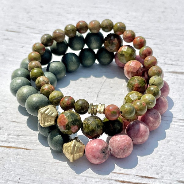 Gemstone Beaded Bracelet Stack ~ Stretch Bracelets ~ Beaded Jewelry ~ Muted Colors ~ Olive Green and Dark Blush Pink
