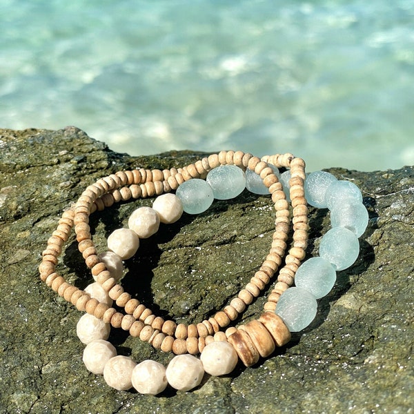 Beachy Neutral Sea Glass Bracelet ~ Choice of Bracelet Set or Single ~ Sea Glass Jewelry ~ Natural and Recycled Materials