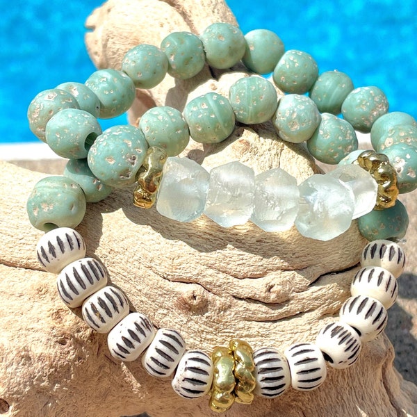 Pretty Beaded Glass Bracelet Set ~ Muted Green and Gold ~ Stretch Bracelet Stack ~ Vintage Inspired ~ Boho Jewelry ~ Beachy ~ Adjustable