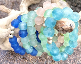 Chunky &#39;Sea Glass&#39; Bracelet ~ Glass Bead Bracelet ~ Charm Bracelet ~ Recycled  Jewelry ~ Casual Jewelry for Women ~ Beach ~ Coastal