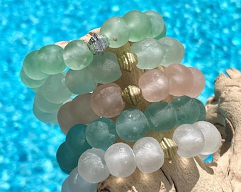 Sea Glass Bracelet ~  Chunky Glass Beaded Bracelet ~ Beach Chic Jewelry ~ Recycled Material ~ Vacation Style ~ Coastal ~ 10 Color Choices