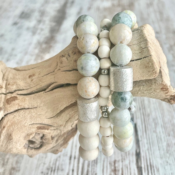 Neutral Gemstone Beaded Bracelet ~ Beaded Stretch Bracelet ~ Beachy Boho Jewelry ~ Cream, Tan, White and Greige ~ Minimalistic Jewelry