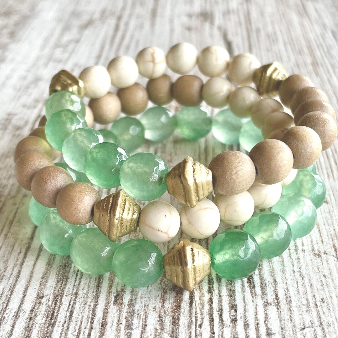 Beaded Gemstone Bracelet Stack Stretch Bracelet Beach Lover Light Green