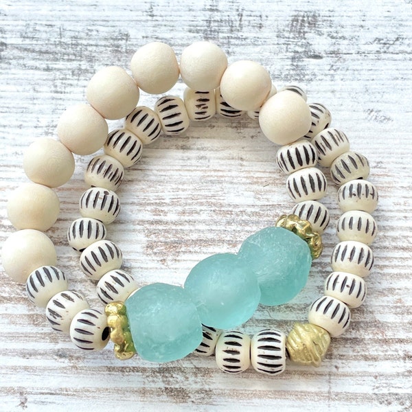 Del Mar ~ Sea Glass ~ Stretch Bracelet ~ Beach Vibes ~ Gifts for Her ~ Casual Jewelry ~  Beaded Bracelet