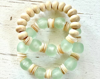 Sea Glass & Shell Beaded Bracelet: Seafoam Stretch Bracelet