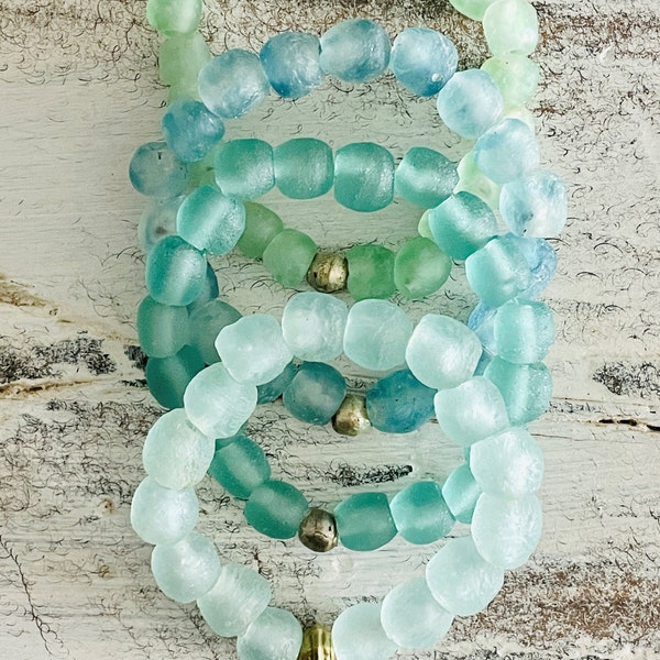Sea Glass Bracelet ~ Mid-Sized Glass Bead Bracelet ~ Coastal Jewelry ~ Beachy Boho Style ~ Recycled Materials ~ Stretch Bracelet