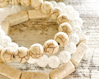 Winter Whites Bracelet Stack ~ Beaded Bracelets ~ White and Cream ~ Gemstone Jewelry