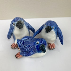 Set of 3 Vintage New Zealand Art Pottery Emperor Penguin Figurine l, Signed Inverted T T, Tristan Totty Ceramic Artist,  Penguin Gift